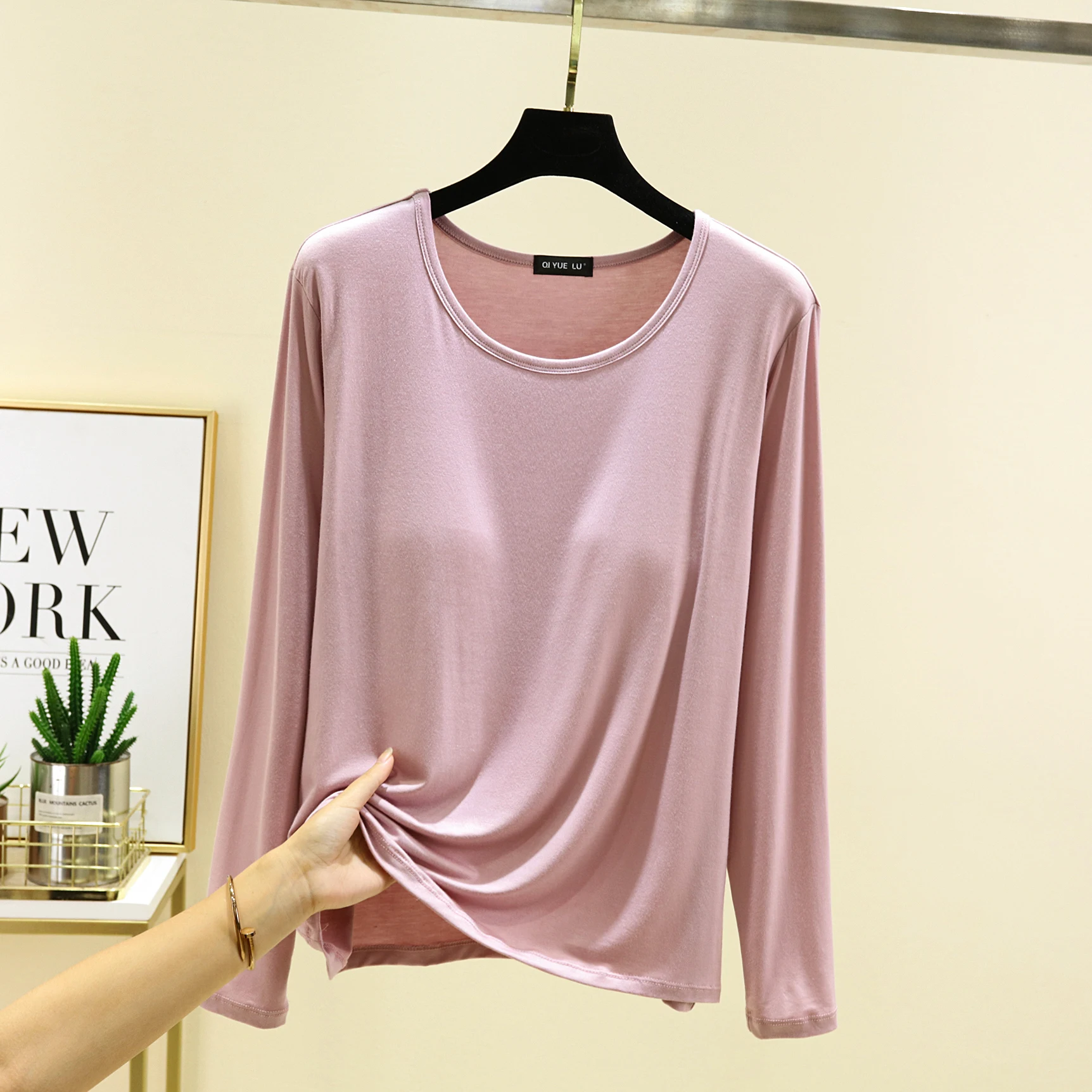 Loose Fit Modal Long Sleeve T-Shirt Women's Thin Base Layer Shirt Autumn Casual Style round Neck Regular Length Base Pad Top