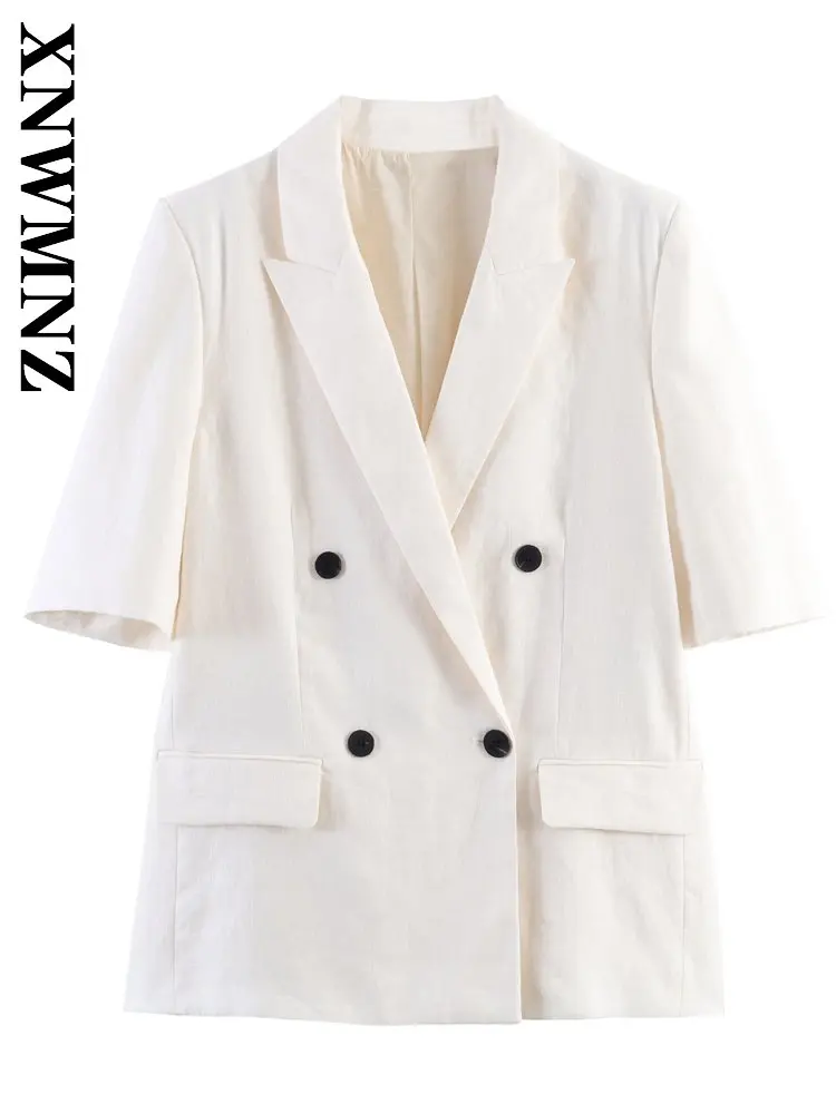 

XNWMNZ 2026 Summer Lady Vintage Simple Notched Collar Linen Jacket Commuting Chic Spring Woman Long Sleeve Versatile Slim Coat