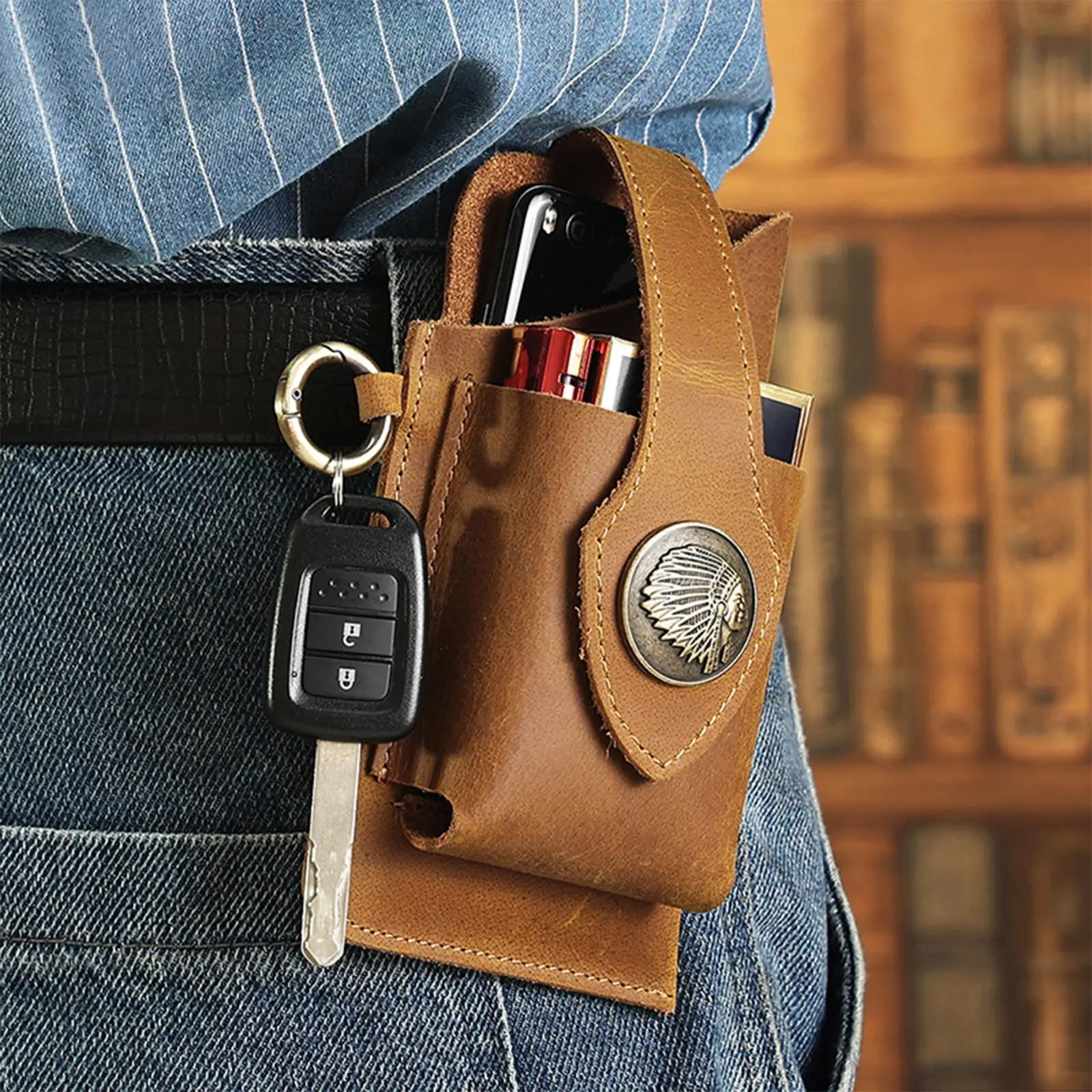 Leather Phone Holster for Cell Phone Phone Case Wallet with Key Holder Pouches Pocket for Cigarette Outdoor Travel Gym Exercise