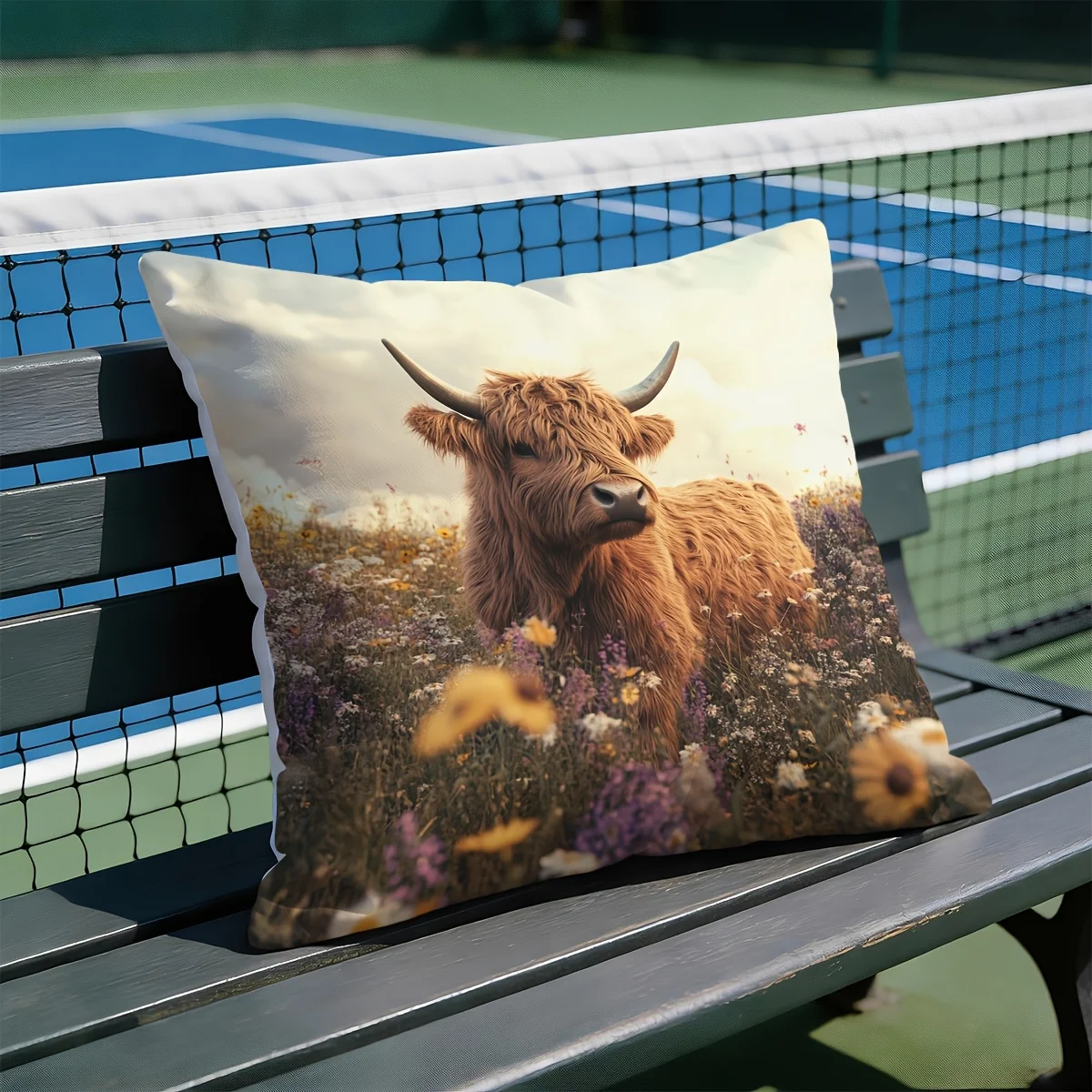 1pc 2D Flat (Pillow Not Included) Highland Cow Wildflower Meadow Cushion Cover Short Plush Rustic Nature Decor Throw Pillow Case