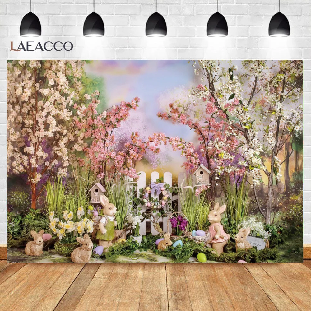 Fondo de fotografía de Pascua de jardín de primavera, conejo, flores, huevos, bosque, foto Natural, retrato de bebé, estudio de fondo