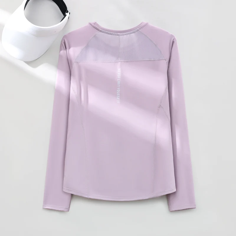 Women Breathable Long Sleeve Running Shirt Mesh Panel Yoga Top Slim Fit Athletic T-Shirt Lightweight Sports Tee