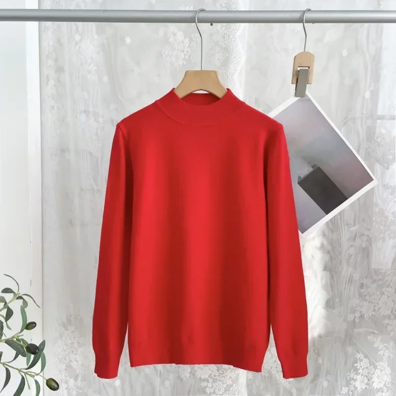 Autumn Winter Half High Neck Pullover Sweater for Women Sweater Vintage Basic Solid Knitted Tops Casual Slim Pullover Sweaters