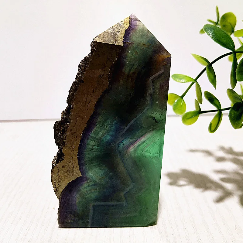 Natural Stone Copper Ore And Green Fluorite Belt Effect Tower Meditation Chakra Wand Magic Reiki Fengshu Crystal Home Decoration