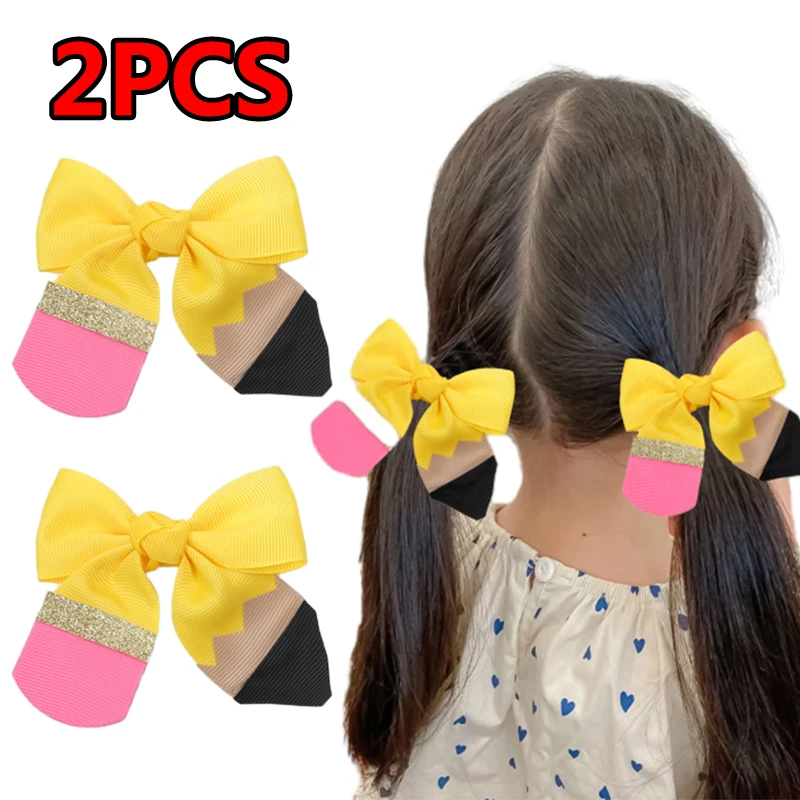 

ncmama 2Pcs Grosgrain Ribbon Pencil Hairpin Girls Pencil Hair Bow Clips Back To School Hair Accessories Kids Barrettes Headwear