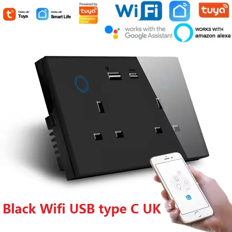 

WiFi British standard dual plug intelligent socket 16A with switch graffiti zigbee voice touch timing switch socket panel