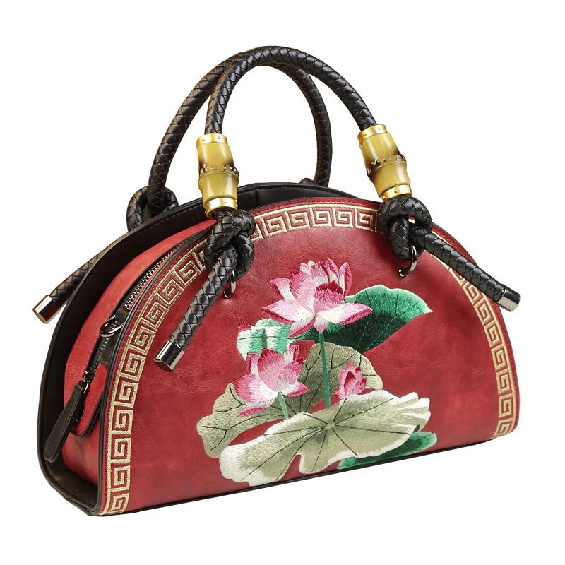 Vintage Leather Women Handbag Fashion Female Flower Embroidery Bag Mother Shoulder Messenger Bag Cowhide Portable Shell Bags