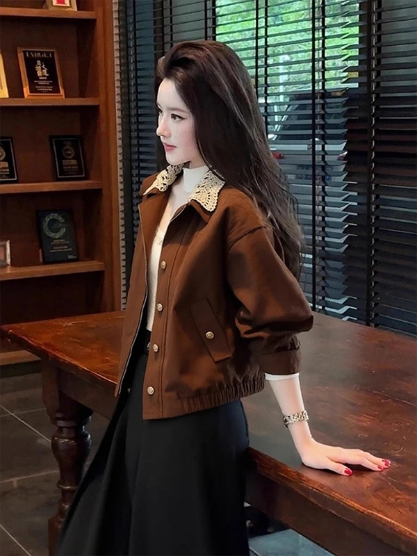 

Ele Korean Sle Coffee Lace ort Coat Women's Winter Loose Fit Top Warm Fluffy Outerwear Casual Barn Sle Outerwear