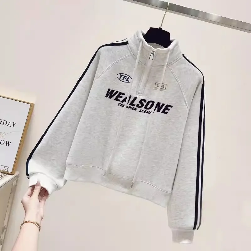

American Style Hoodie Women's Spring Autumn New Design Half Zip Stand Collar Fashion Outerwear Student College Style Long Sle...