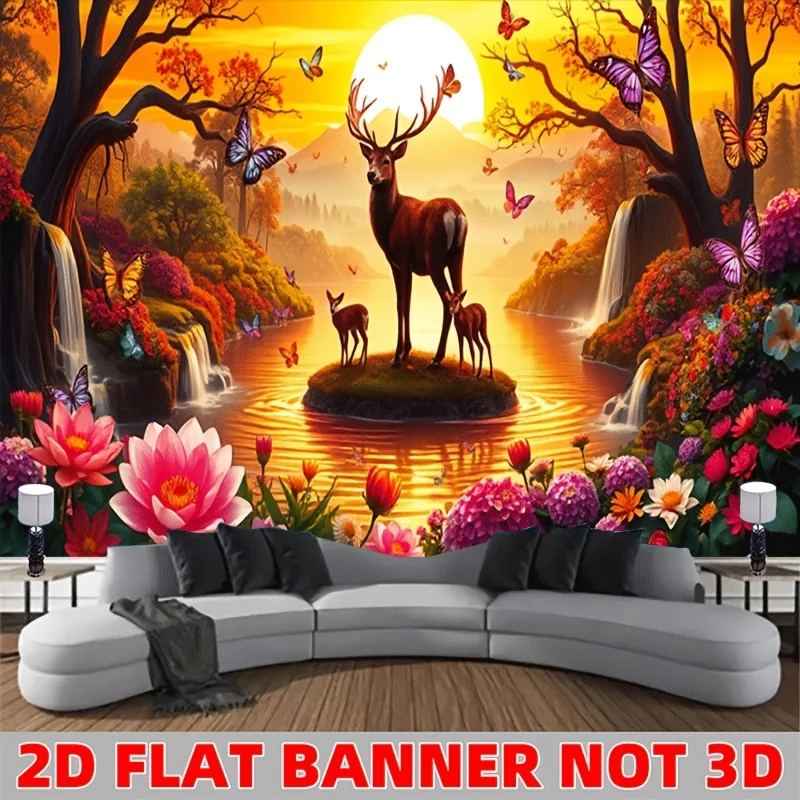 Deer Sunset River Landscape Wall Tapestry 2D Flat Banner Not 3D Nature Art Home Decor For Living Room Bedroom