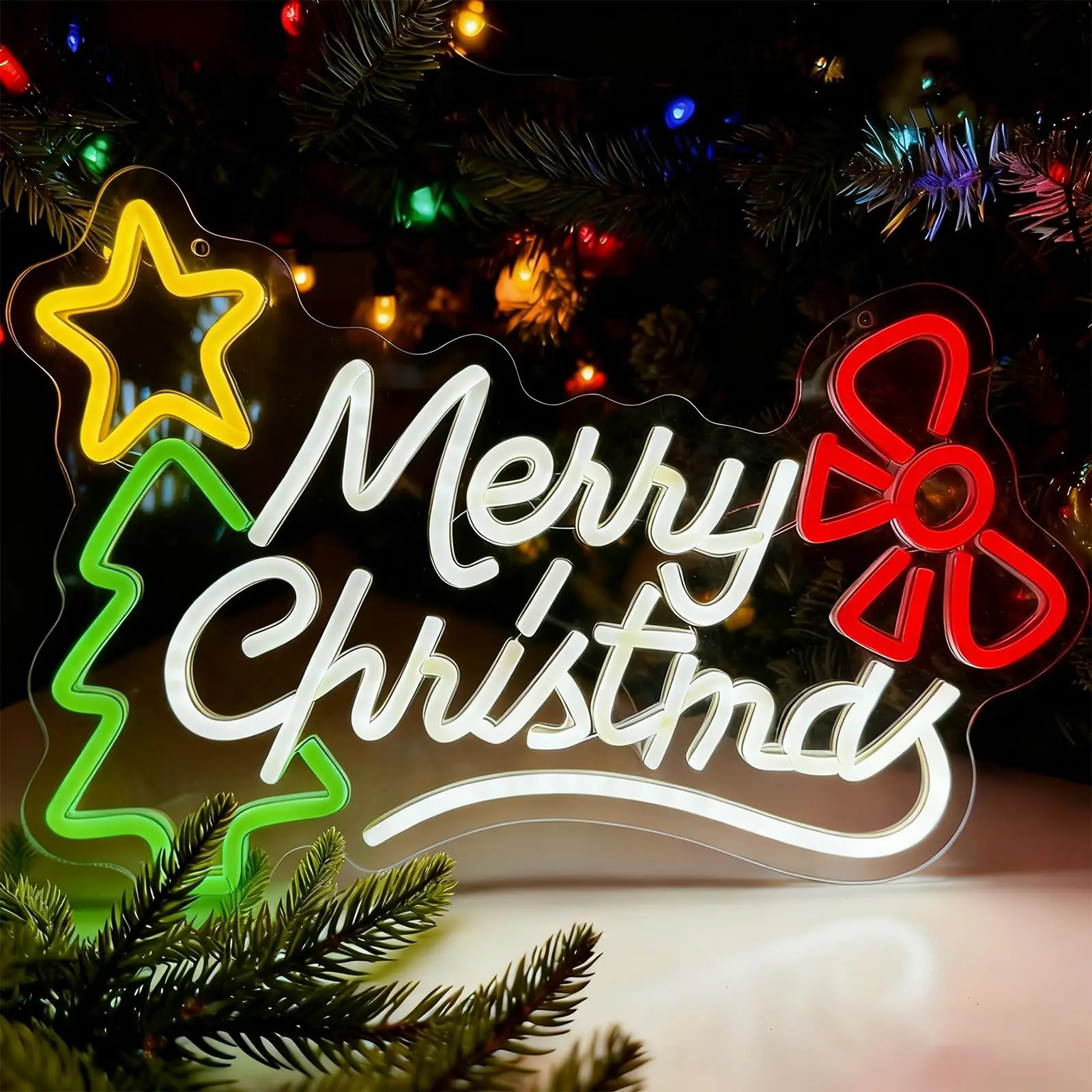 メリークリスマスネオンサイン調光可能クリスマスツリーボウスターライトアップサイン壁飾りパーティー・バー・クラブ冬窓飾り用