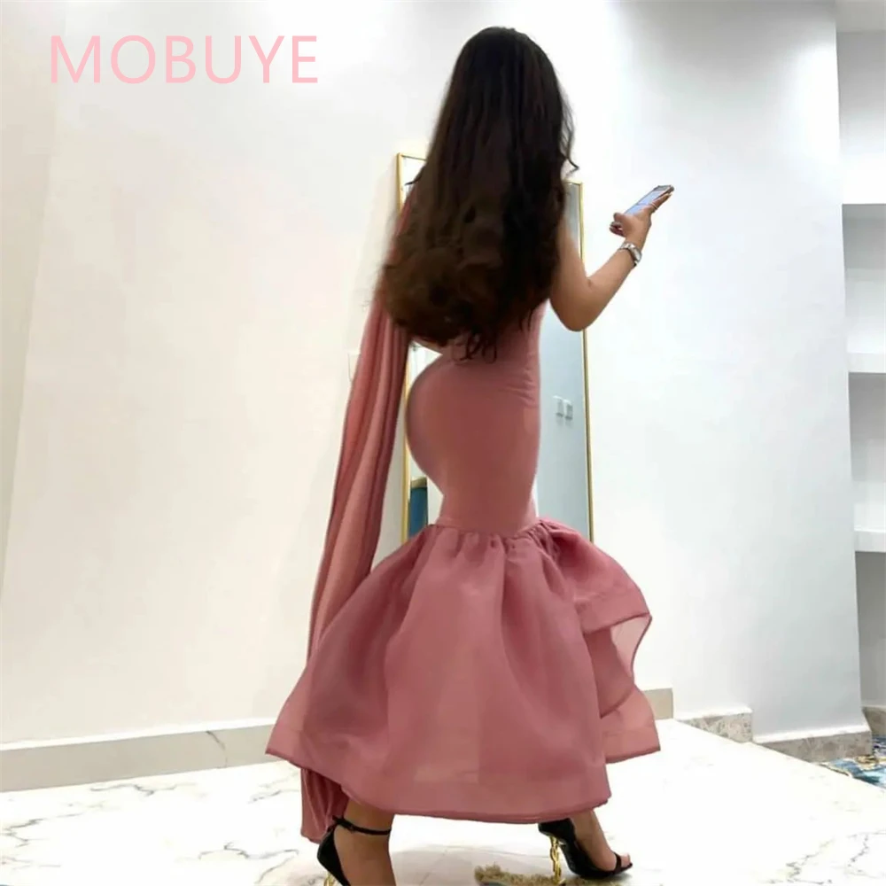 MOBUYE 2024 Arab Dubai One Shoulder Prom Dress Short Sleeves With Ankle Length Evening Fashion Elegant Party Dress For Women