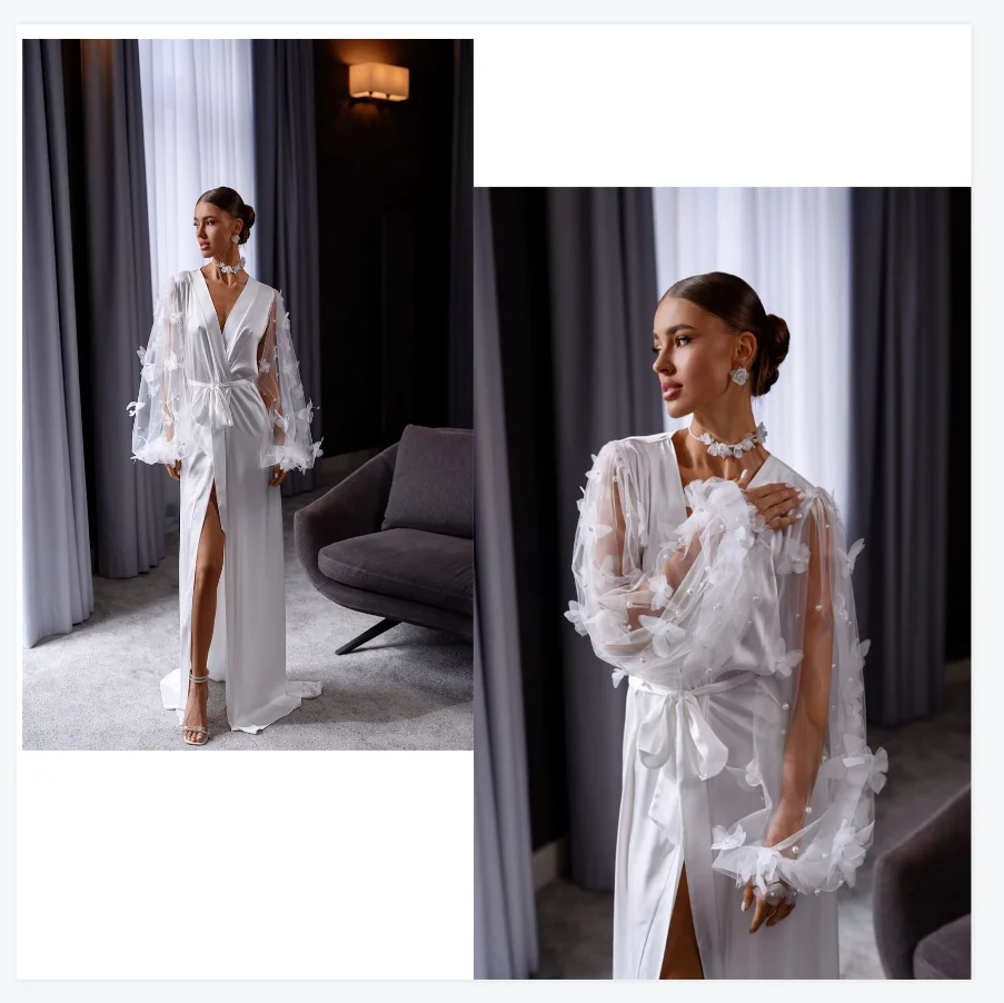 

Pearls White Women Pregnant Prom Dress Elegant Full Sleeve Maternity Robes Satin Tulle Evening Gown Sleepwear Customized Skirt