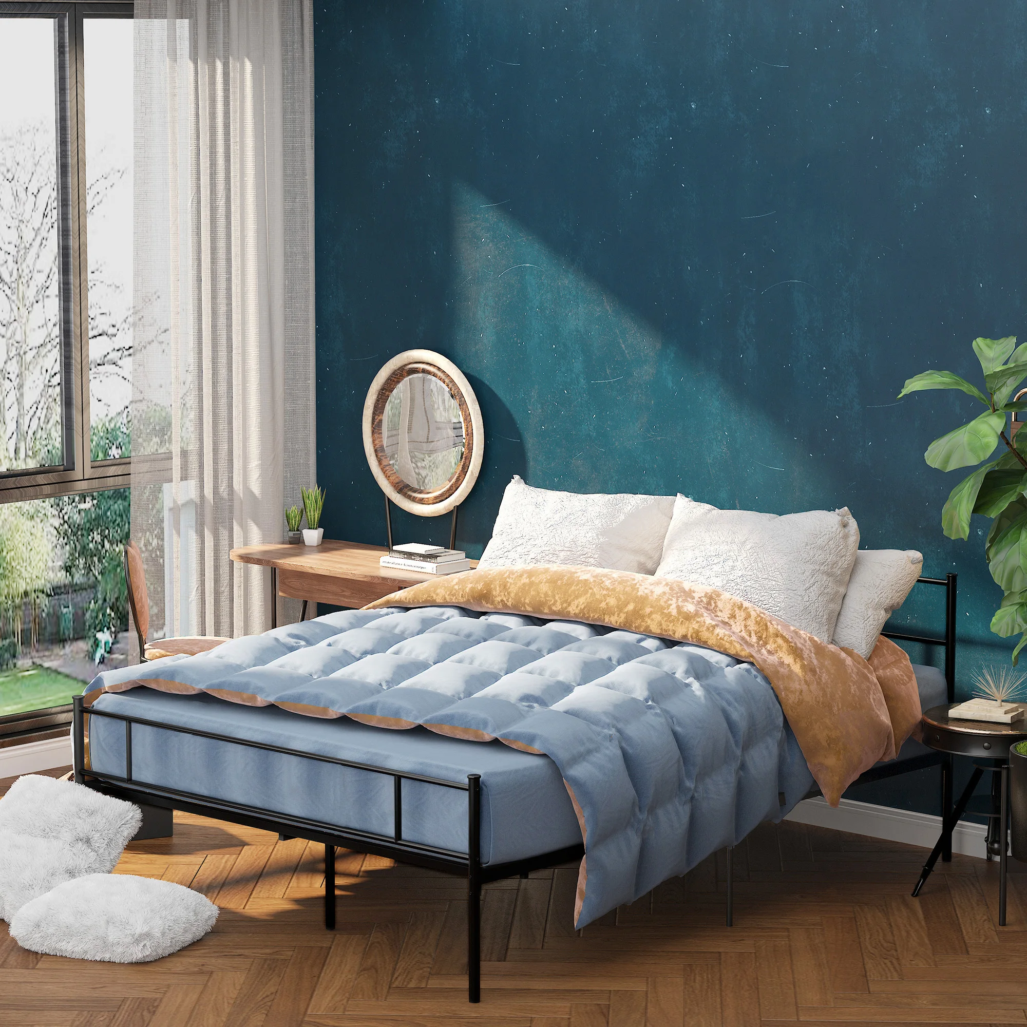 HOMCOM Estructura de cama King de metal con cabecero y pie de cama, espacio de almacenamiento debajo de la cama
