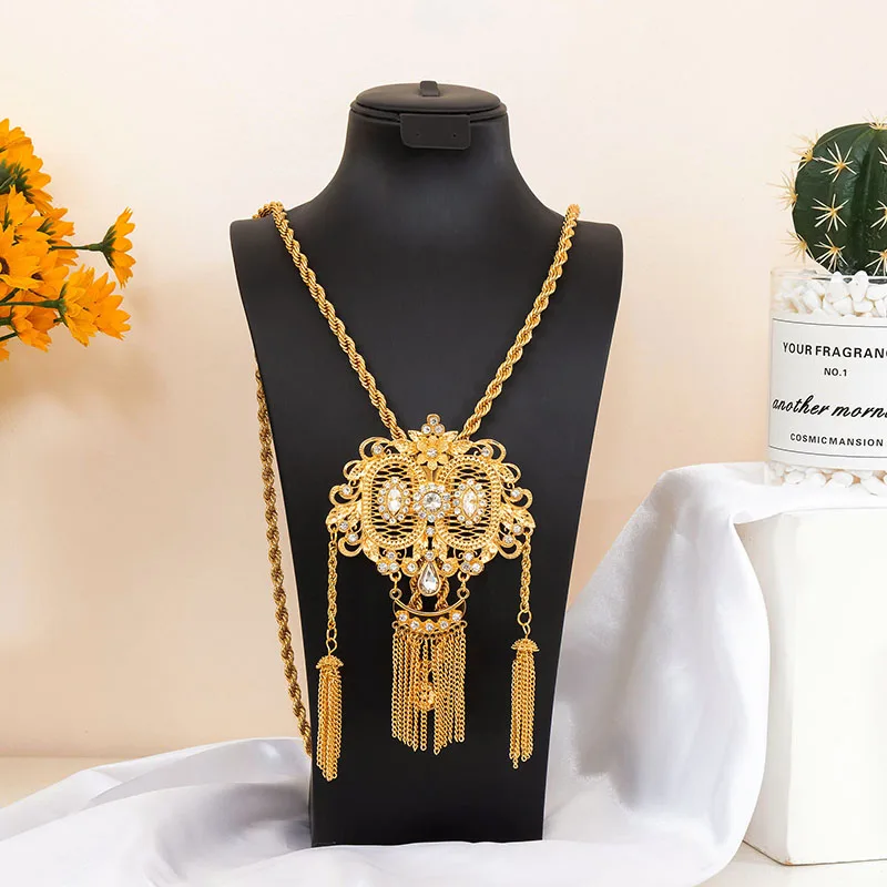 Fatima Store   Arabic Gold Color Luxury Algeria Bridal Chain Necklace With Rhine stone Slid   AccessoriesTassels Pendant Jewelry