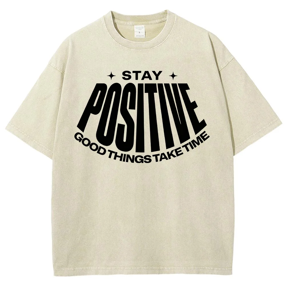 Men T Shirt Stay Positive Letter Print Short Sleeve Cotton Vintage Loose Casual Oversized Tee Tops Male Clothing