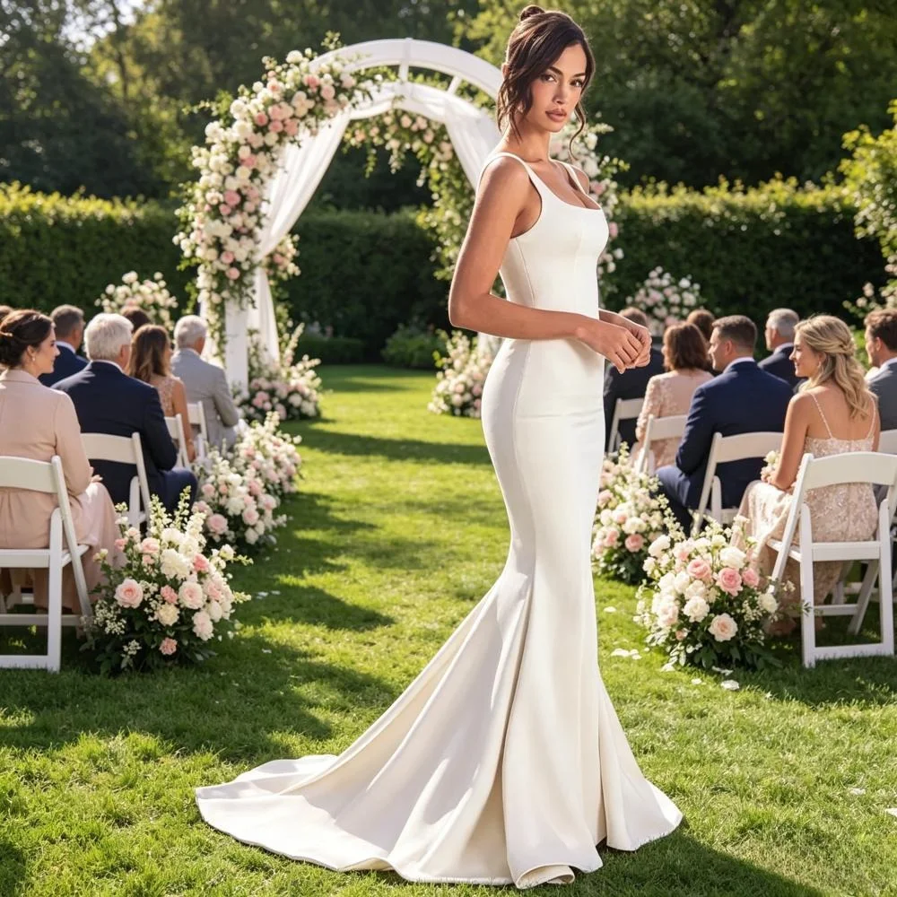 Customized Elegant Satin Mermaid Wedding Gown Featuring Square Neck Sleeveless Tank Straps and Long Trumpet Silhouette 2026
