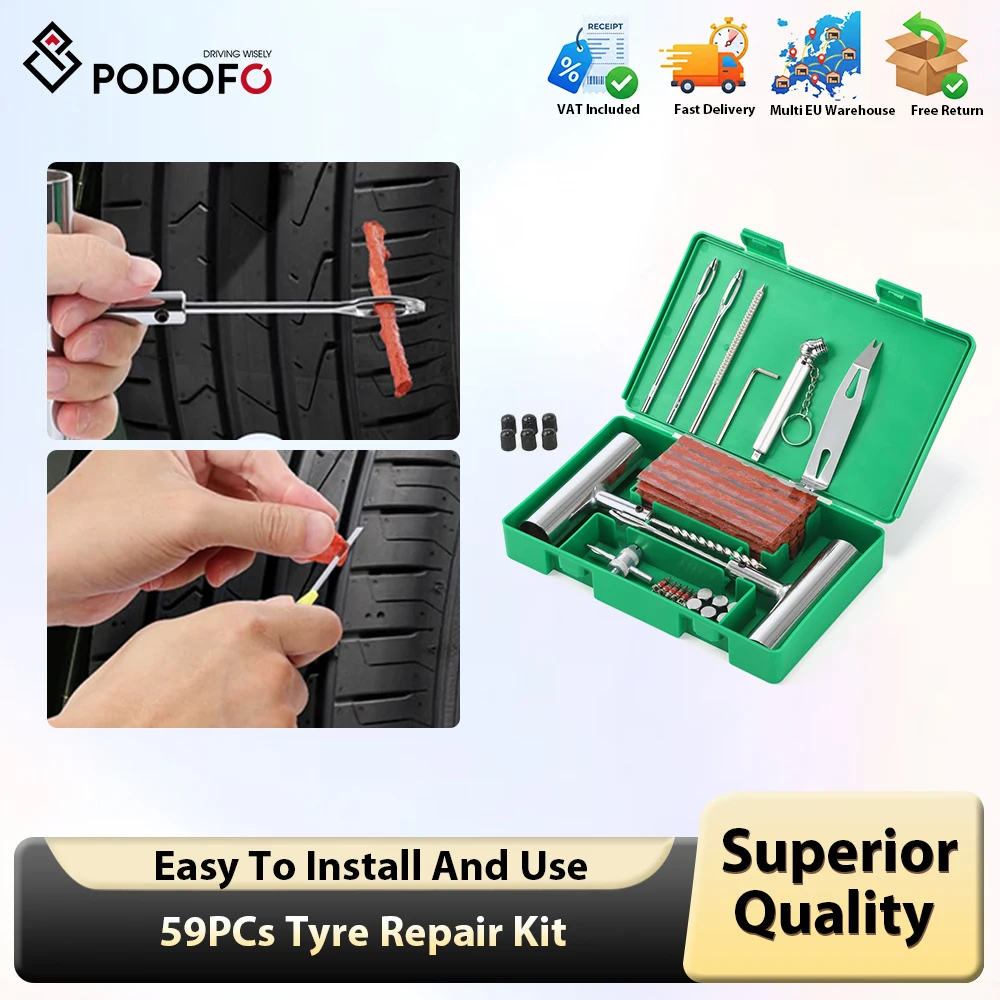 Podofo 58pcs Auto Tire Repair Set Puncture Repair Tools Car Van Motorcycle Bike Heavy Duty Tubeless Tire Repair Rivet Set