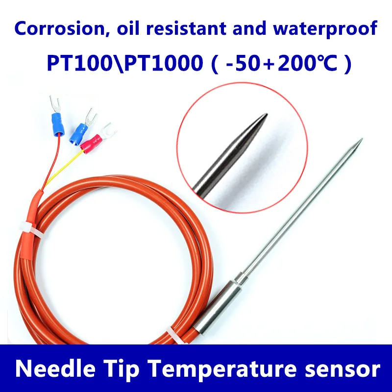 Waterproof Needle Tip Temperature Sensor Probe PT100 PT1000 RTD Insertion Platinum Resistance Silicone Cable for Meat Soil Fruit