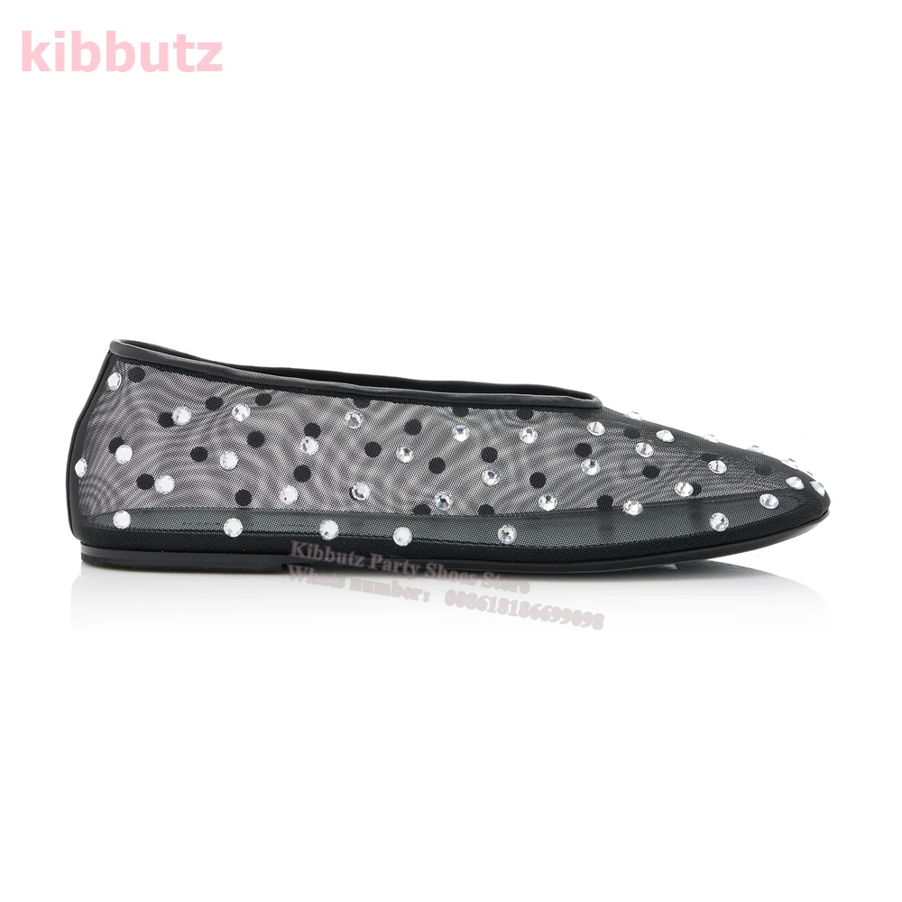 Crystal-Embellished Mesh Ballet Pumps Square Toe Flat with Glossy Solid Black Slip-On Concise Elegant Comfortable Shoes Newest