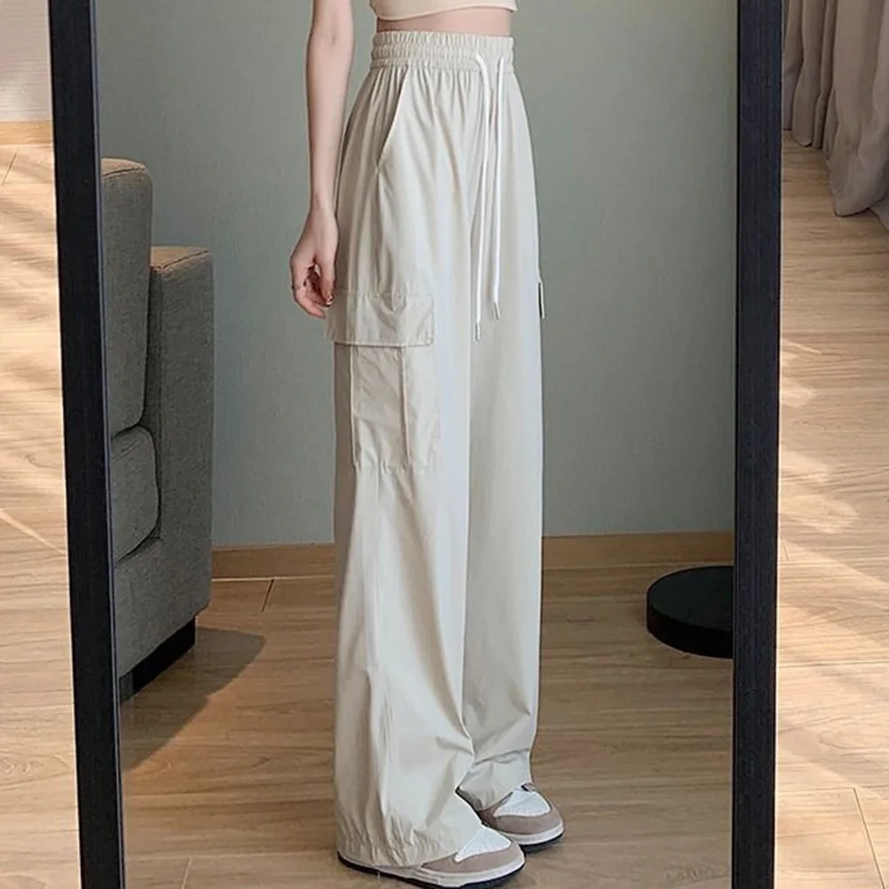 Fashion Trousers Casual Wide Leg Pants Autumn Casual Drawstring High Waist Non Stretch Quick Drying Solid Color