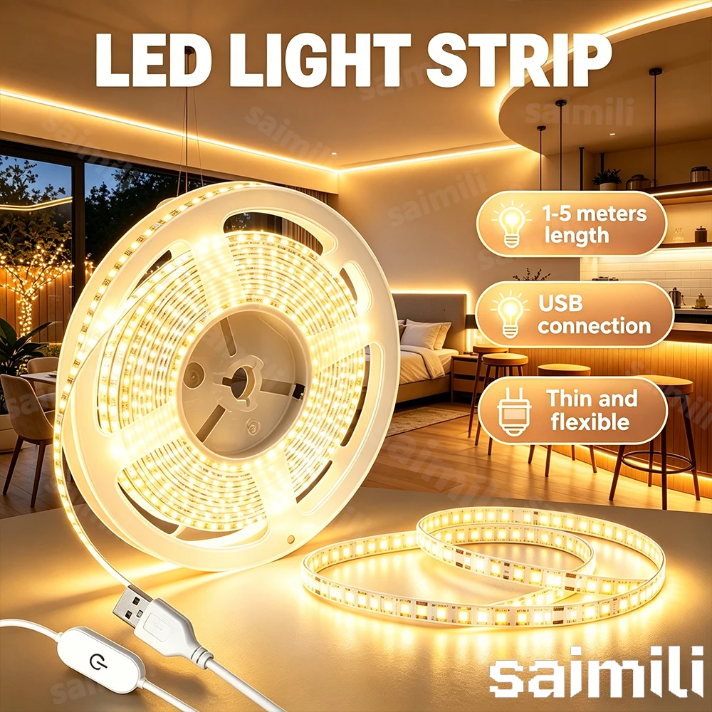 5V USB Touch Sensitive LED Strip Lights Smart TV Makeup Mirror Backlight Gamer Cabinet Gaming Room Christmas Home Kitchen Decor