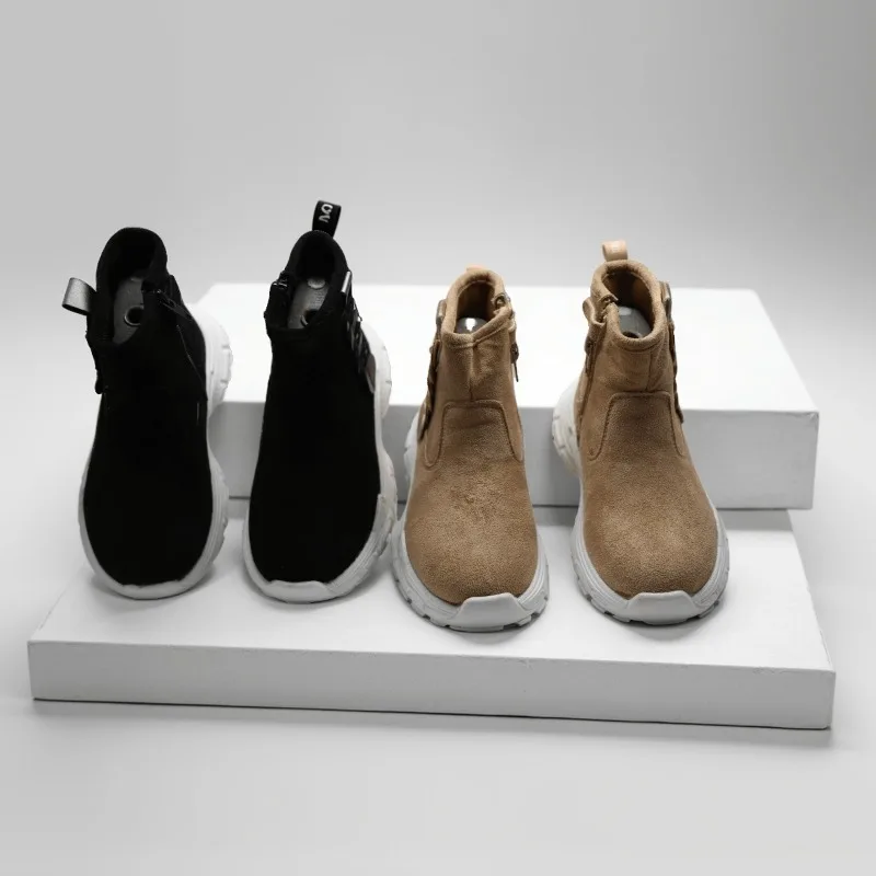 2026 Kids Suede Ankle Fashion Boots Side Zipper Non-slip Platform Sneakers Black/Tan Casual Winter Shoes for Toddler Boys Girls