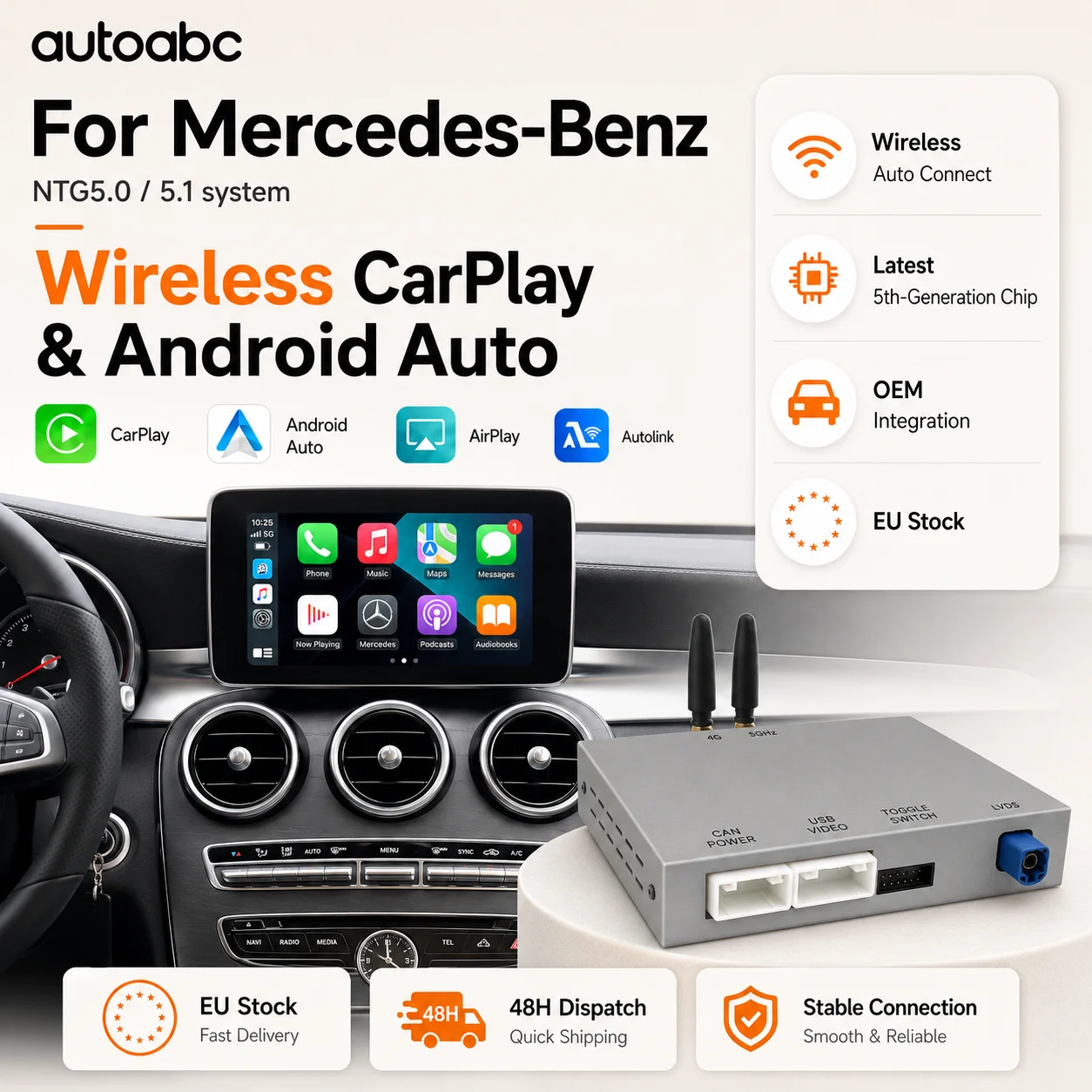 Adaptateur d'interface CarPlay sans fil, module Android Auto pour Mercedes-Benz (C, GLC, W205, A, CLA, GLA, B, E, GLE, CLS, NTG 5.0) avec AirPlay, MirrorLink, entrée caméra de recul, Bluetooth, USB, navigation multimédia - plug-and-play