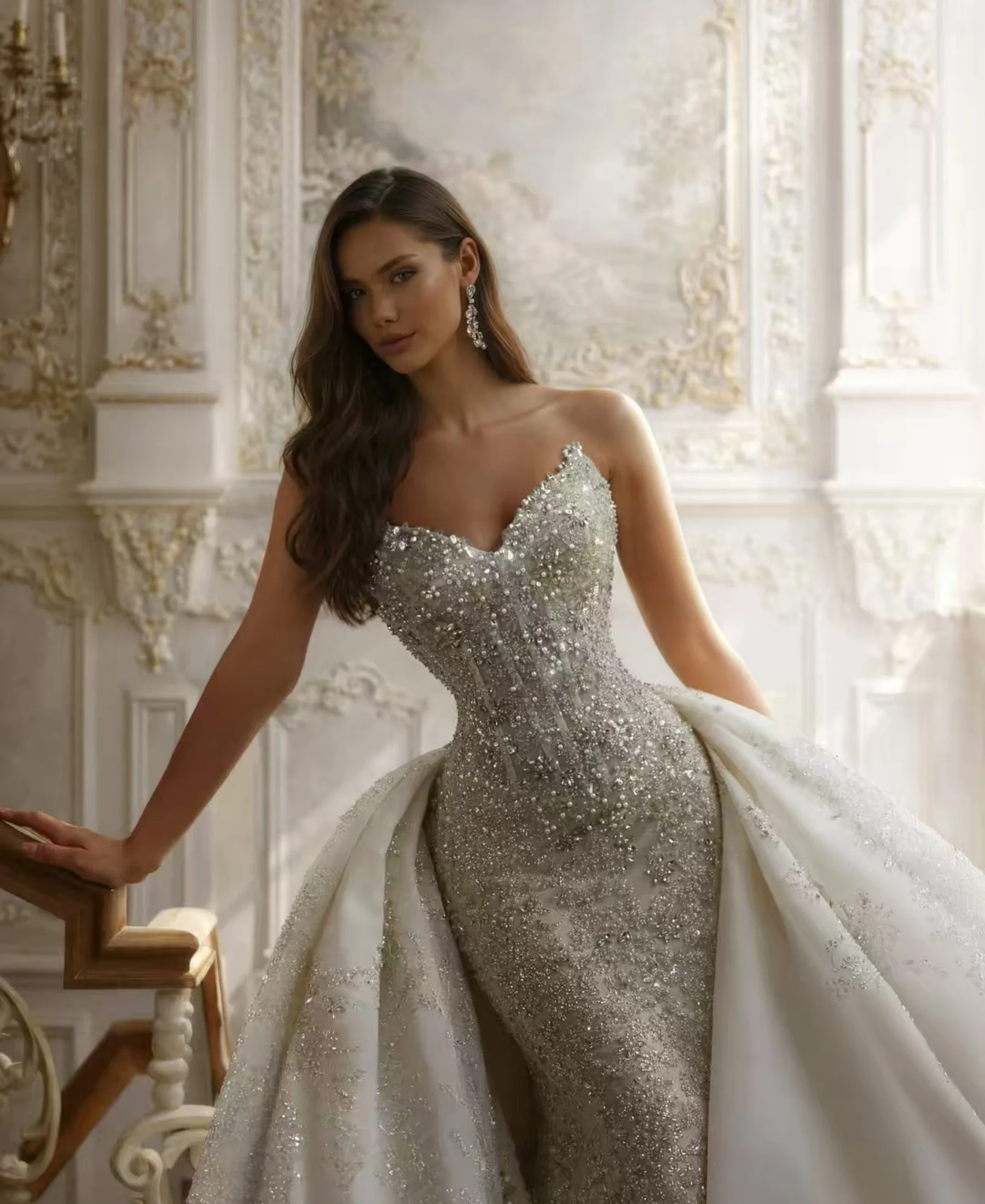 Customized Romantic mermaid wedding dress with detachable trailing tail design exquisite embroidery and decorations Vestidos