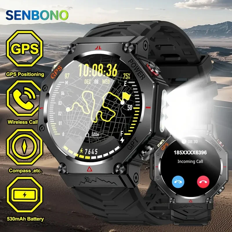 

SENBONO GPS Смарт-часы для мужчин Встроенный GPS Bluetooth Вызов AI GPT Фитнес-трекер Водонепроницаемые военные спортивные умные часы для мужчин