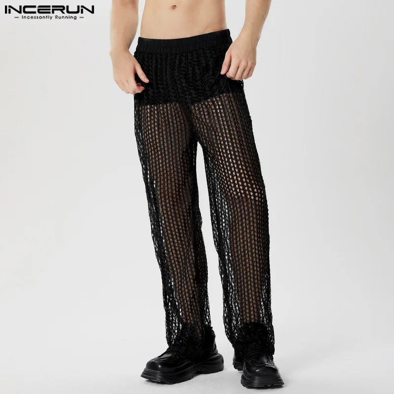 INCERUN 2024 American Style Trousers Sexy Men\'s Thin Hollow Mesh Design Long Pants Casual Party Show Hot Selling Pantalons S-5XL