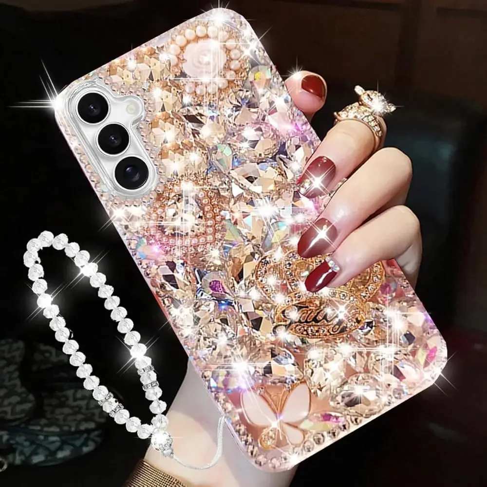 

for Samsung Galaxy S25 Glitter Bling Case,Cute Luxury 3D Sparkle Crown Crystal Rhinestones Diamond Stunning Stones Pearl wit