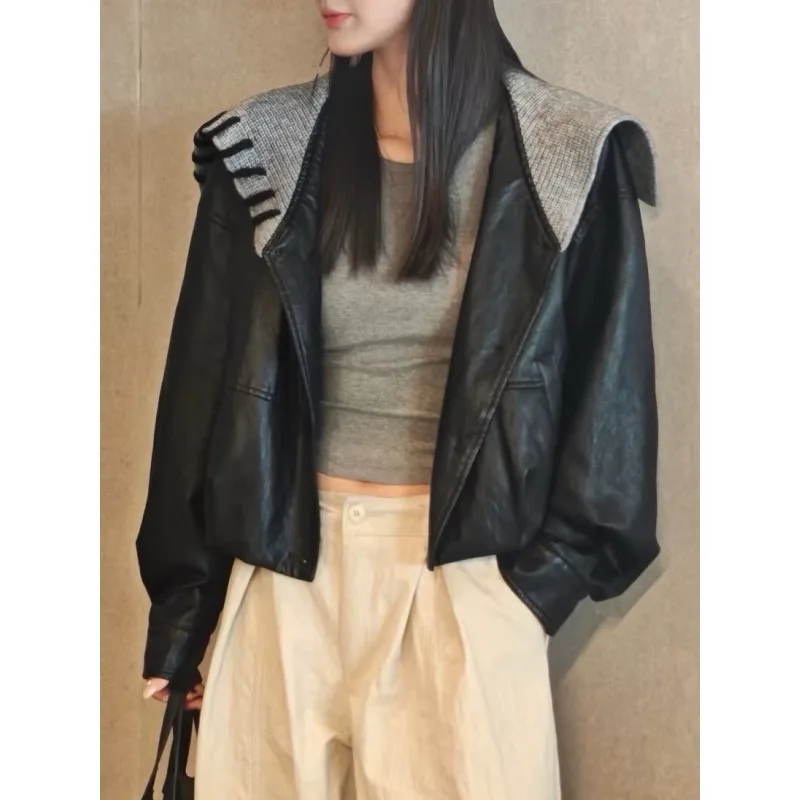 Onecozyday 2025 سترة جلدية نسائية أنيقة مقصوصة بياقة مدببة وأكمام طويلة معطف غير رسمي فضفاض ملابس خارجية