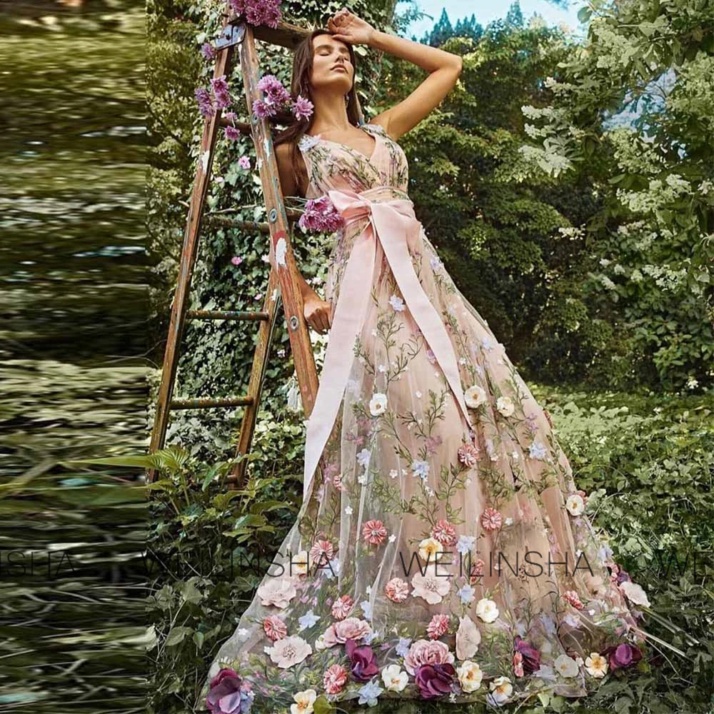 Boho Bohemian Wedding dresses for parties Tulle A-line Hall Wedding Dress Pink V-neck Lace Applique Bow Wedding Dresses Women