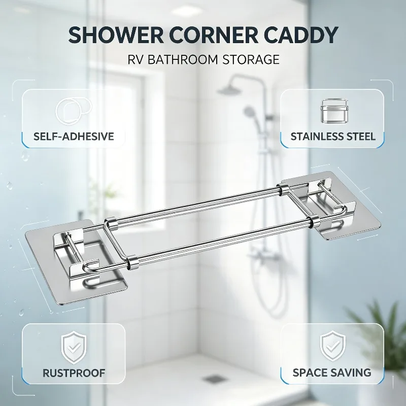 4 PCS Metal RV Shower Corner Storage Bar, Self Adhesive Camper Trailer Shower Guard Rail with Hooks RV Bathroom Organizer Parts