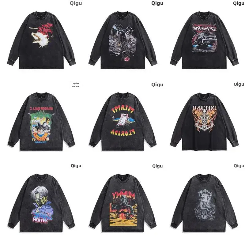 Vintage Long Sleeve T-shirt For Men Women New Style American Feelinstrendy Brand Top Wholesale Cross-border Trade