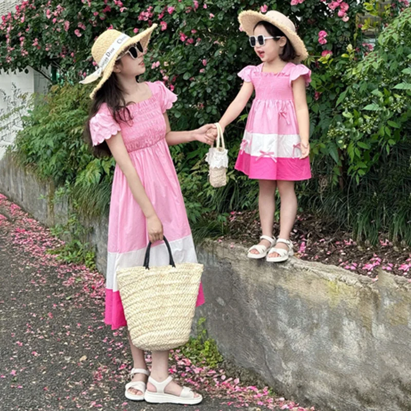 Parent-child Dress Summer Mother-daughter Sweet Gown Children short-sleeved Vestidos New Mommy Girl Family Matching Outfits  Q..