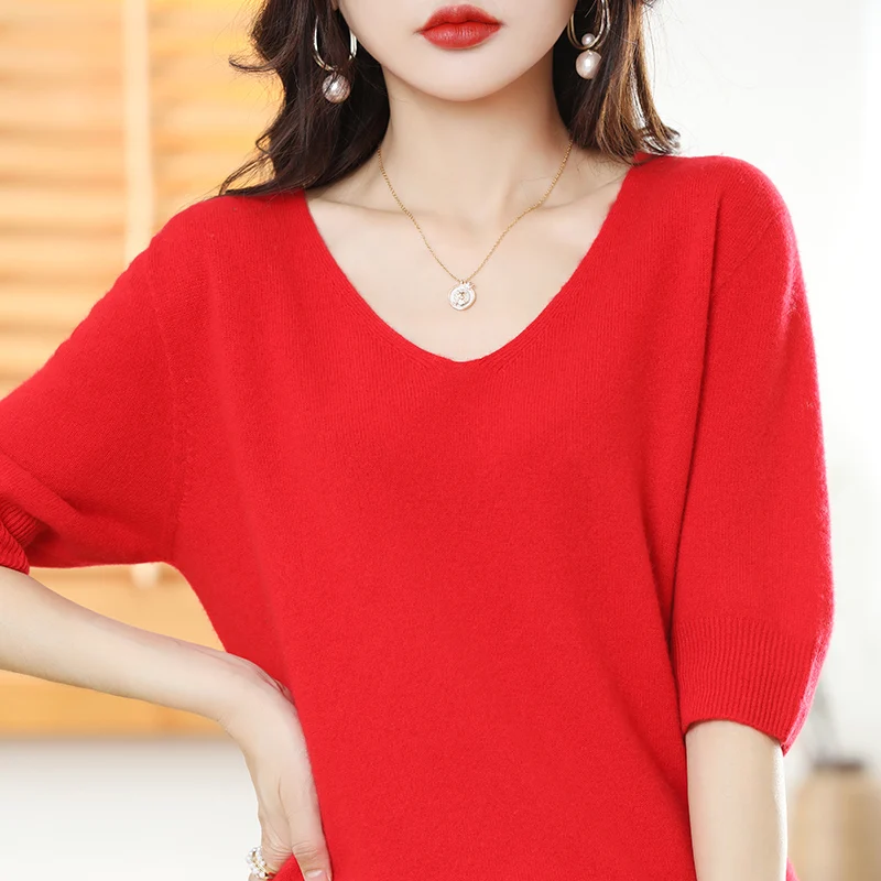 2023 Free Shipping Sleeveless Women Short Sleeve T-shirt Wool V-neck Loose Sweaters Standard Pullovers Knitting Clothing Top