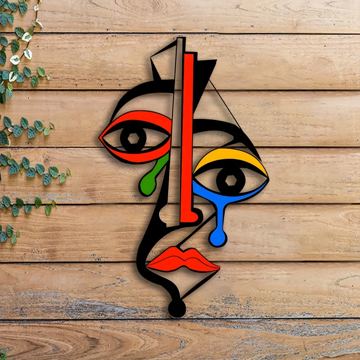 Picasso-inspirierte Metall-Wandkunst, farbenfrohe kubistische Gesichtsskulptur mit kräftigem geometrischem Design, abstrakte moderne Dekoration für das Wohnzimmer – Detail 9