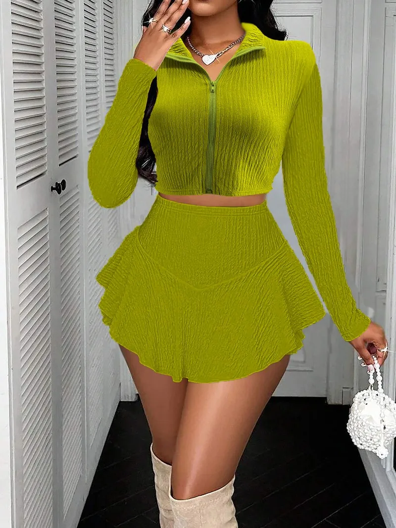 

KEXU модный спортивный женский комплект плиссированная мини-юбка и топ на молнии с длинными рукавами 2025 уличные комплекты из двух предметов платьев