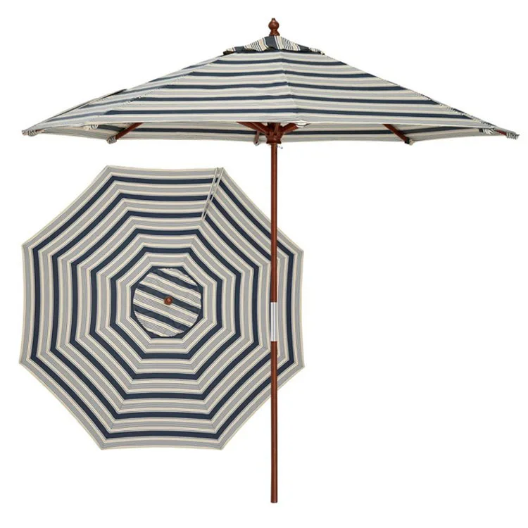 Red and white striped wooden bone mid-column umbrella Solid wood shading beach umbrella Outdoor courtyard table
