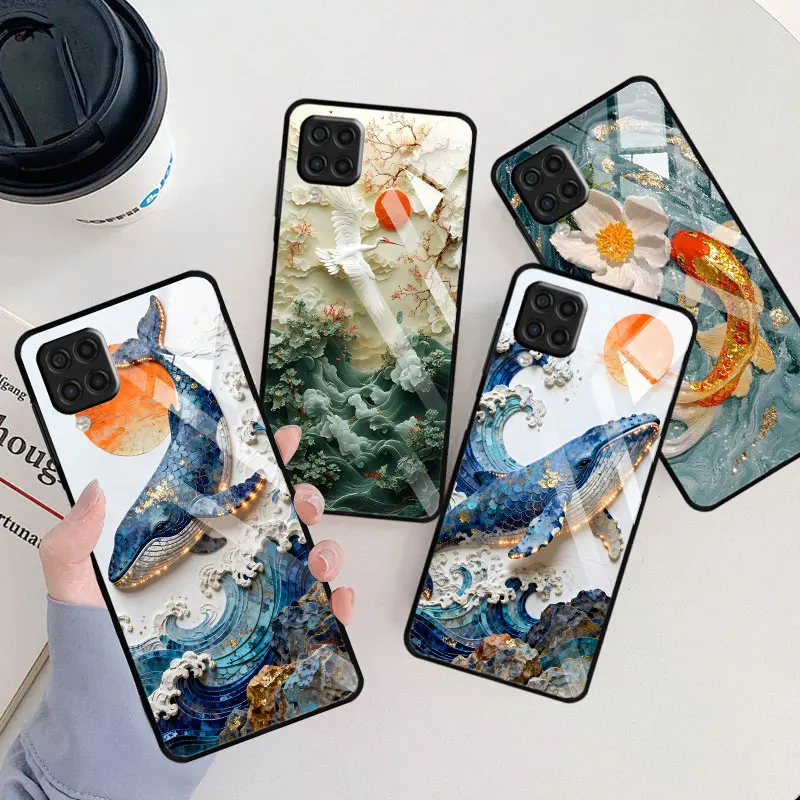 Tempered Glass Case for Samsung Galaxy A07 A50 A06 A10 A20s A03 A7 A70 A04s A04 A05s A30 Waves Whale Red Sun Black Phone Cover