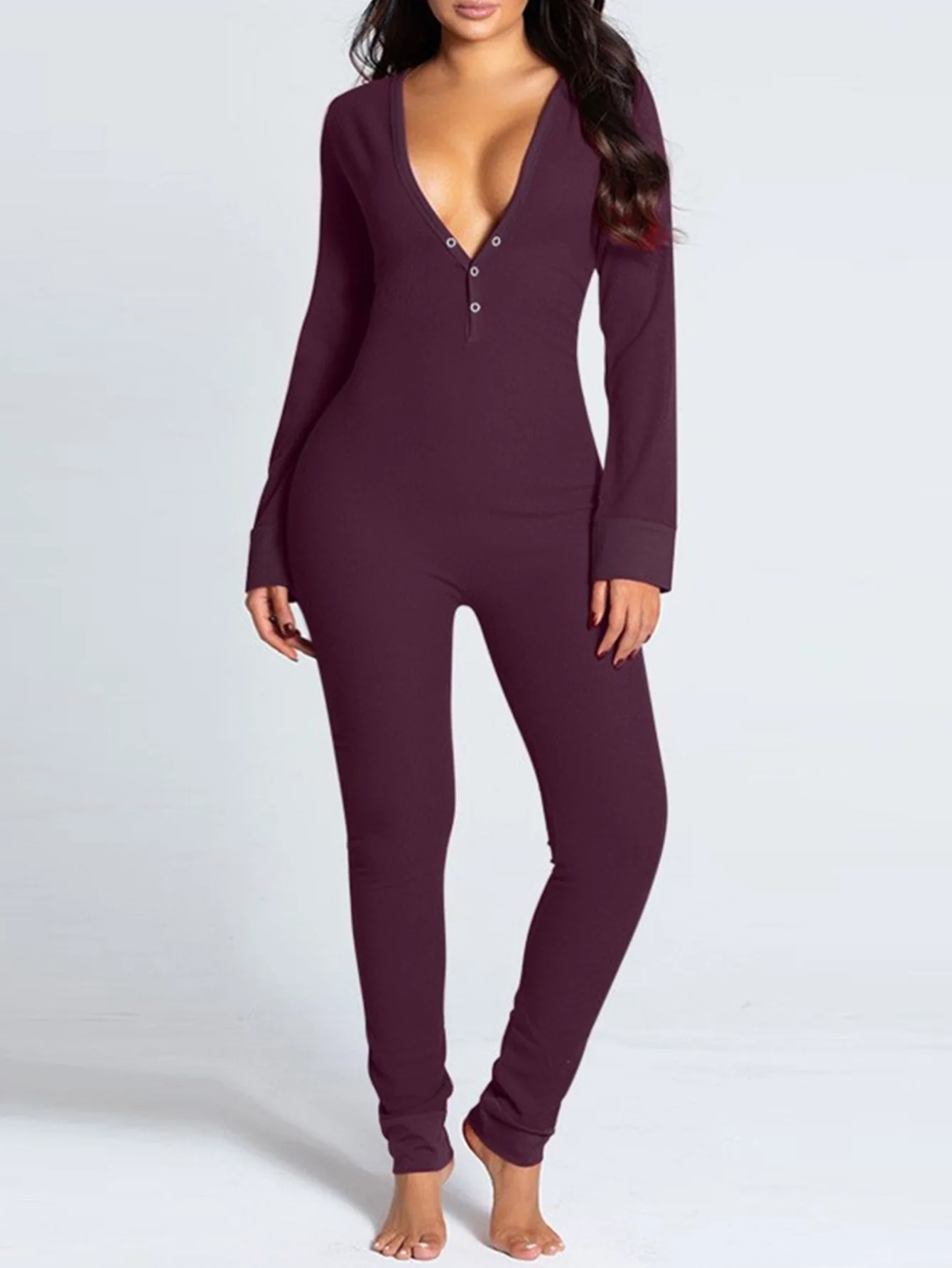 

Осенние женские облегающие комбинезоны, повседневная базовая однотонная повседневная одежда с длинными рукавами и v-образным вырезом на спине и пуговицах до щиколотки