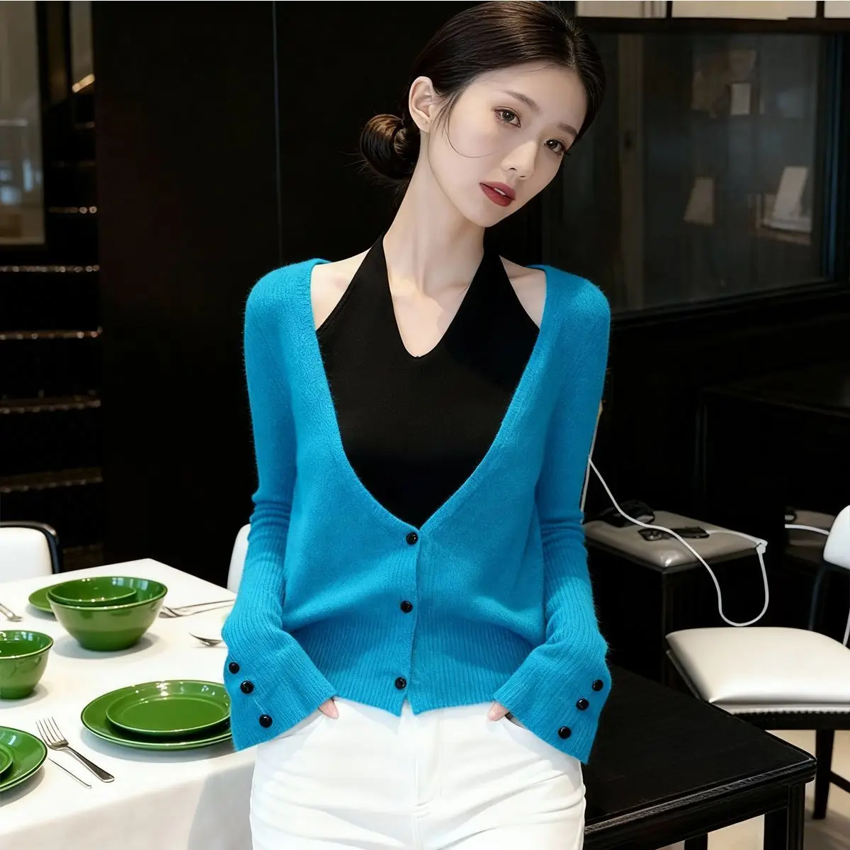 

Корейский вязаный топ в стиле SLE: осенне-зимний новый свитер с цветными вставками, модный топ с эффектом двухслойности