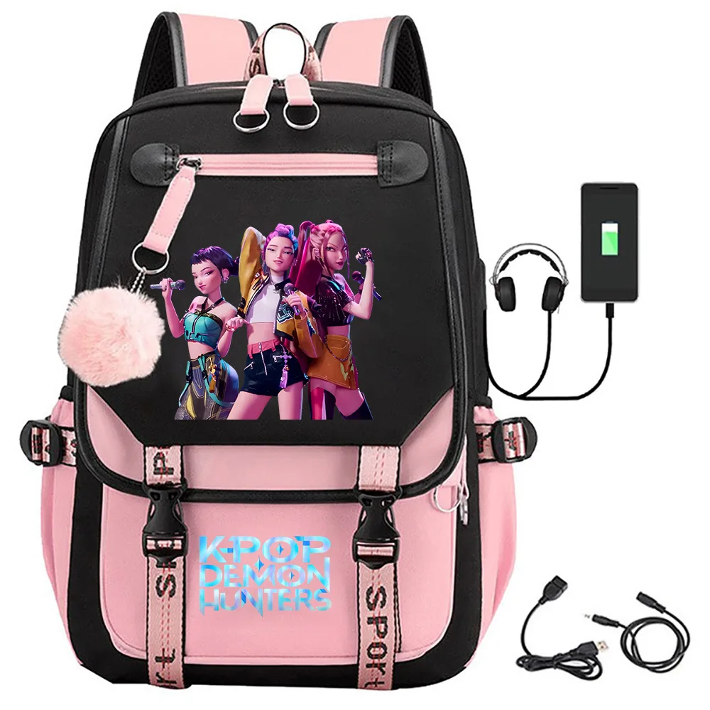 

KPOP Demon Hunters Student Schoolbags USB Charging Casual Teenagers Backpack Large Capacity Casual Bookbag Canvas Travel Bag