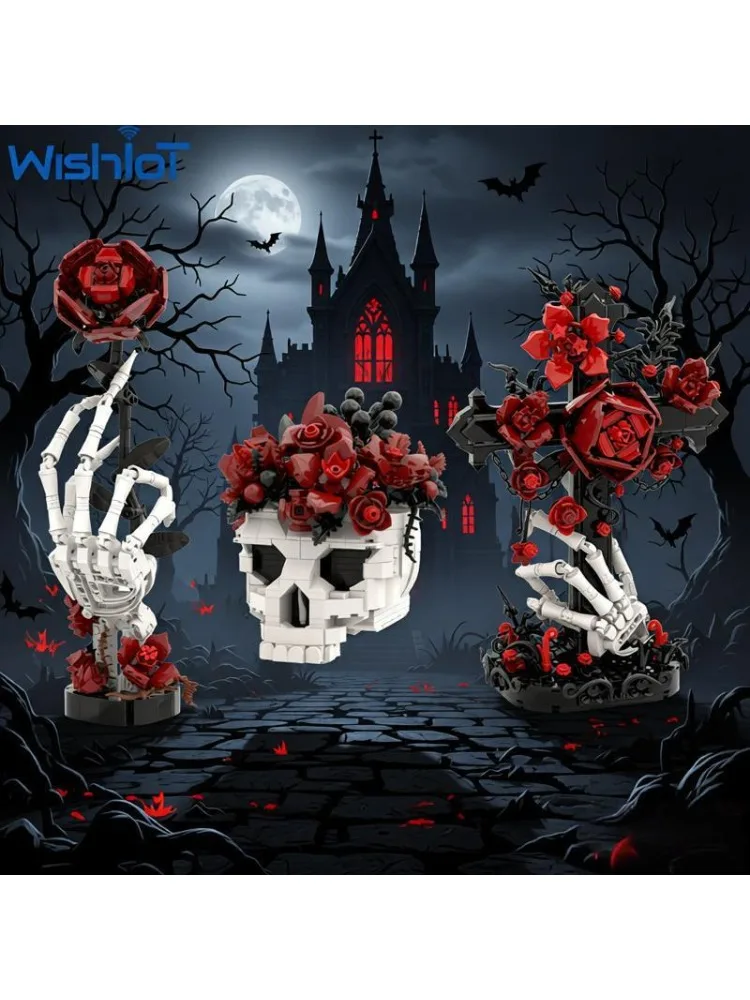 MOC Skull Hand Rose/Cross Model Bouwstenen Horror Series Assemblage Schedel Hoofd DIY Speelgoed Ornament Kleine stenen Halloween Geschenken - afbeelding 2
