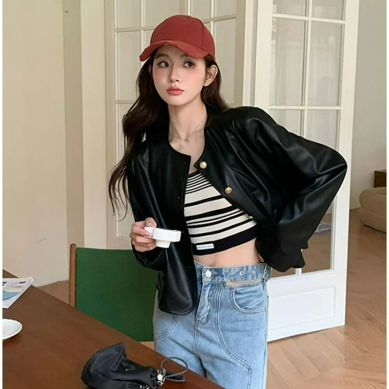 

2026 Spring/autumn New Fashion Chic Outerwear Simple Stylish Black Upcycled Leather Motorcycle Single-row Button Coat for Women