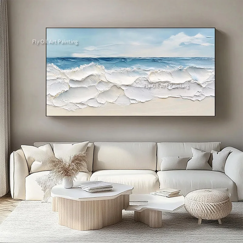 Abstract New Design Artwork Light Blue And White Seascape Canvas Thick Oil Painting Handpainted Beige Ocean Wave Wall Art Decor