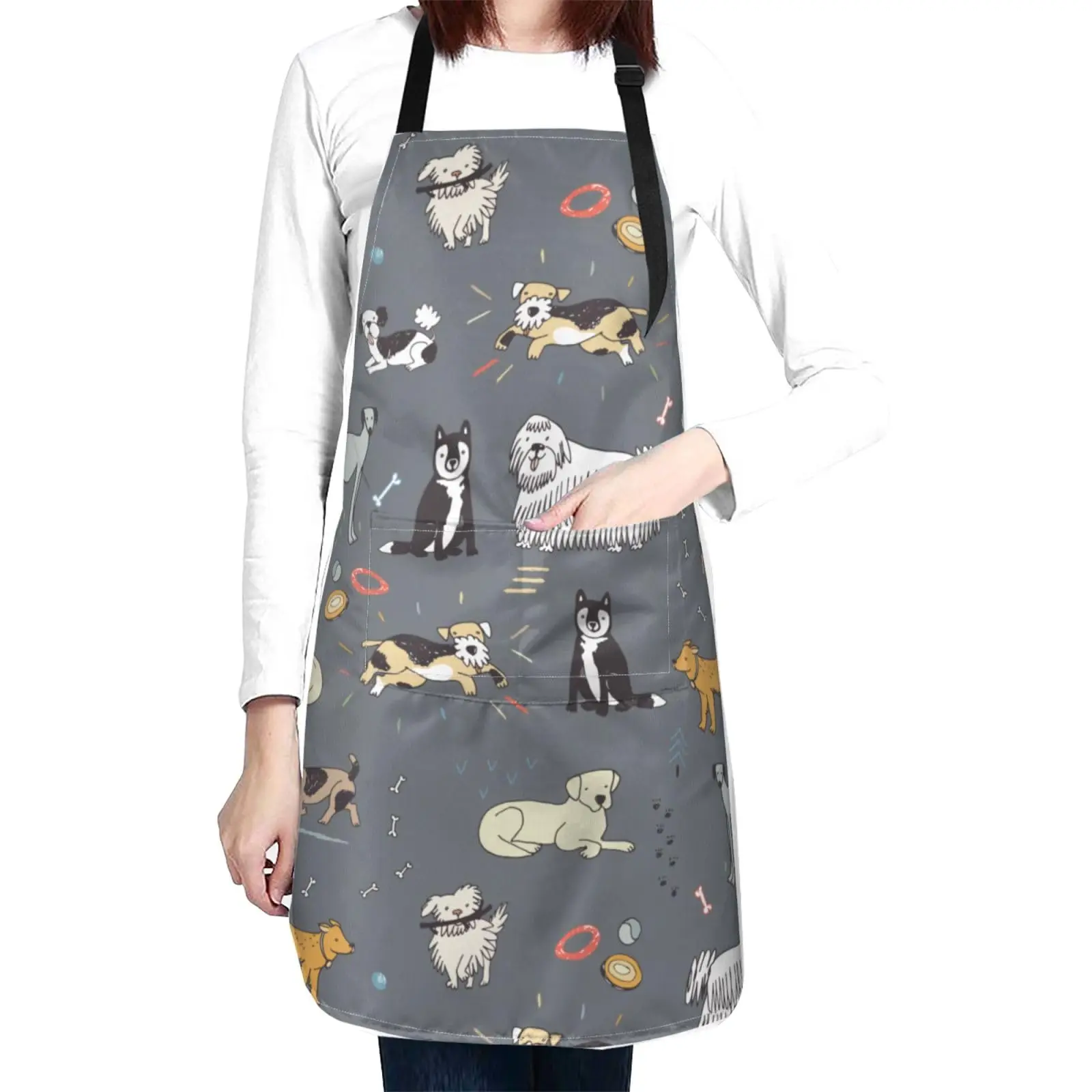 

Cute Dogs Animal (Dark Grey) Waterproof Apron With 2 Pockets Kitchen Chef Aprons Bibs For Cooking Baking Painting Gardening