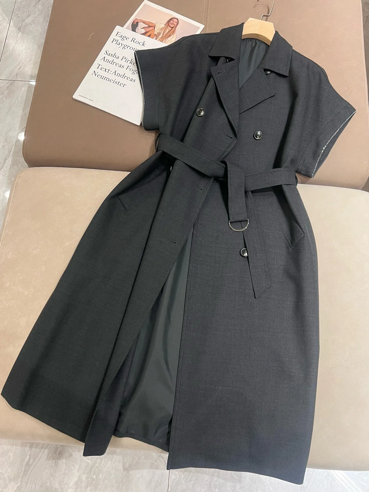 Dress for Women 2024 New Spring Summer Wool Tailored Collar Waist Lace-up Solid Color Casual Sleeveless Robes